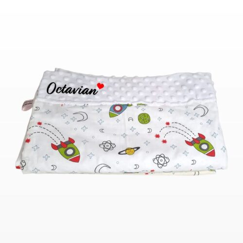 Paturica personalizata – Spatiu cosmic și Minky Alb