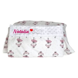 Set personalizat Paturica cu doua fete si Perna – Balerina delicată și Minky Alb
