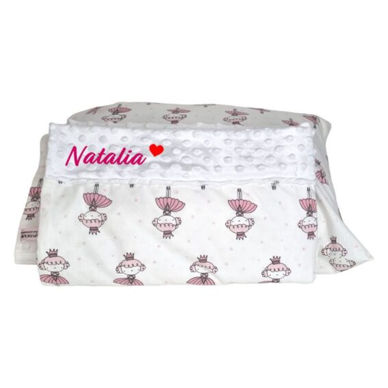 Set personalizat Paturica cu doua fete si Perna – Balerina delicată și Minky Alb