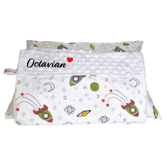 Set personalizat Paturica cu doua fete si Perna – Spatiu cosmic și Minky alb new