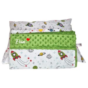 Set personalizat Paturica cu doua fete si Perna – Spatiu cosmic și Minky verde
