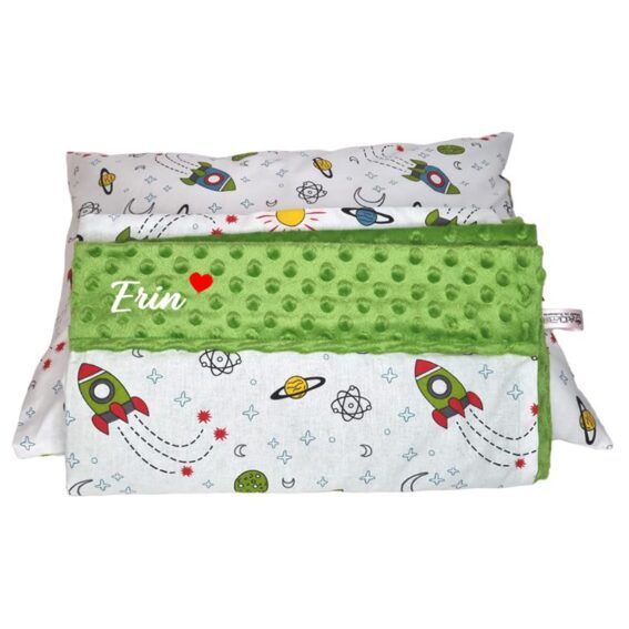 Set personalizat Paturica cu doua fete si Perna – Spatiu cosmic și Minky verde