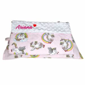 Set personalizat Paturica cu doua fete si Perna – Unicornul fermecat și Minky Alb new