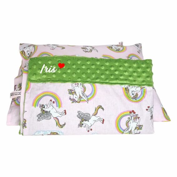 Set personalizat Paturica cu doua fete si Perna – Unicornul fermecat și Minky Verde new