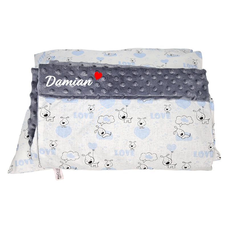 Set personalizat Paturica cu doua fete si Perna – Catelusul somnoros și Minky Gri (copiază)