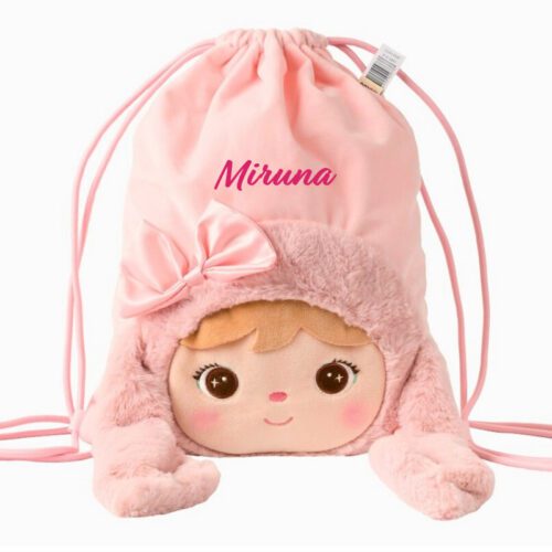 Saculet personalizat Iepuras Pufos Roz cu fundita