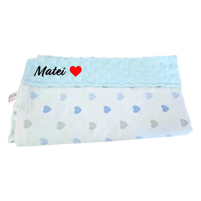 Paturica personalizata – Inimioare si Minky Albastru