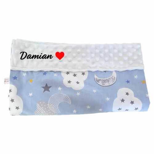 Paturica personalizata – Somnic Pufos Albastru și Minky Alb