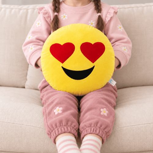 Girl Holding a Heart Eyes Emoji Cushion
