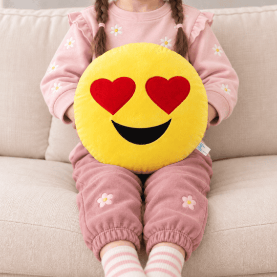 Girl Holding a Heart Eyes Emoji Cushion