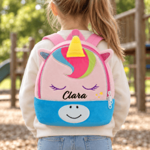 Unicorn backpack on girl in park